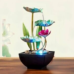 Lotus Flower Tabletop Water Fountain 3-Tier Metal Leaf LED Light USB 9.4 Inch